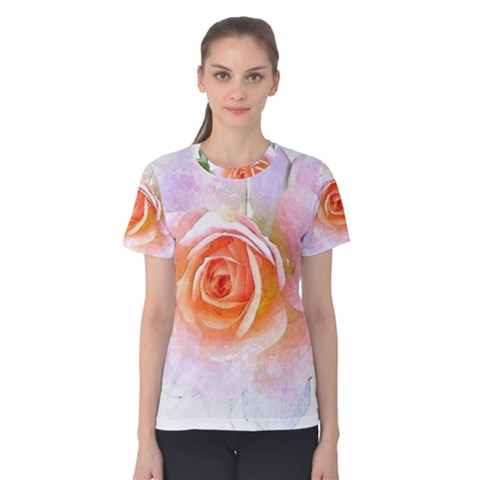 Pink Rose Flower, Floral Watercolor Aquarel Painting Art Women s Cotton Tee by picsaspassion