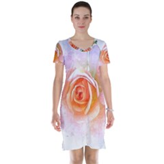 Pink Rose Flower, Floral Watercolor Aquarel Painting Art Short Sleeve Nightdress