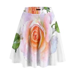 Pink Rose Flower, Floral Watercolor Aquarel Painting Art High Waist Skirt