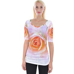 Pink Rose Flower, Floral Watercolor Aquarel Painting Art Wide Neckline Tee