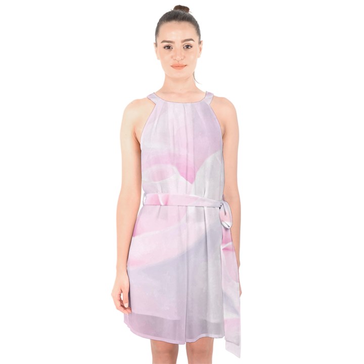 Rose pink flower, floral Aquarel - watercolor painting art Halter Collar Waist Tie Chiffon Dress