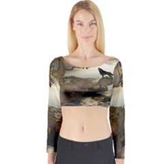 The Lonely Wolf On The Flying Rock Long Sleeve Crop Top by FantasyWorld7