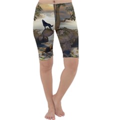 The Lonely Wolf On The Flying Rock Cropped Leggings  by FantasyWorld7