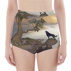 The Lonely Wolf On The Flying Rock High-waisted Bikini Bottoms by FantasyWorld7