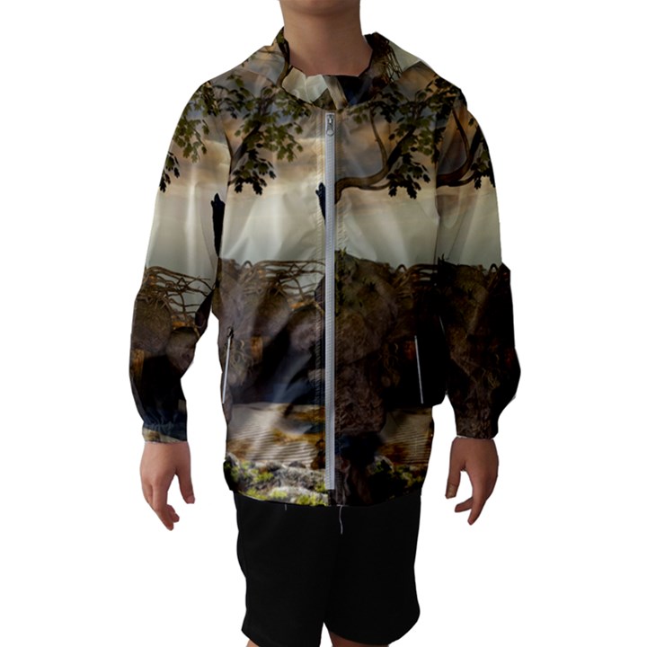 The Lonely Wolf On The Flying Rock Hooded Wind Breaker (Kids)