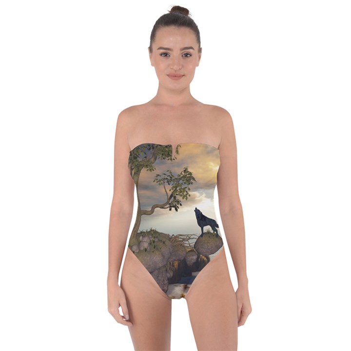 The Lonely Wolf On The Flying Rock Tie Back One Piece Swimsuit