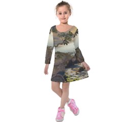 The Lonely Wolf On The Flying Rock Kids  Long Sleeve Velvet Dress by FantasyWorld7