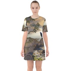 The Lonely Wolf On The Flying Rock Sixties Short Sleeve Mini Dress by FantasyWorld7