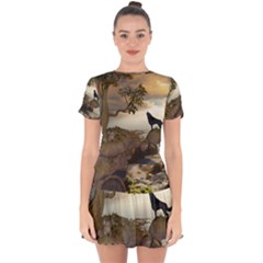 The Lonely Wolf On The Flying Rock Drop Hem Mini Chiffon Dress by FantasyWorld7