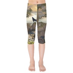 The Lonely Wolf On The Flying Rock Kids  Capri Leggings  by FantasyWorld7