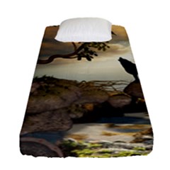 The Lonely Wolf On The Flying Rock Fitted Sheet (single Size) by FantasyWorld7