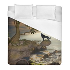 The Lonely Wolf On The Flying Rock Duvet Cover (full/ Double Size) by FantasyWorld7