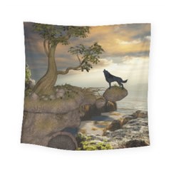 The Lonely Wolf On The Flying Rock Square Tapestry (small) by FantasyWorld7