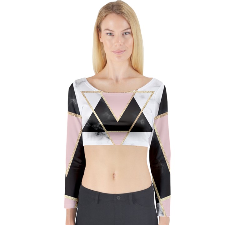 Triangles,gold,black,pink,marbles,collage,modern,trendy,cute,decorative, Long Sleeve Crop Top