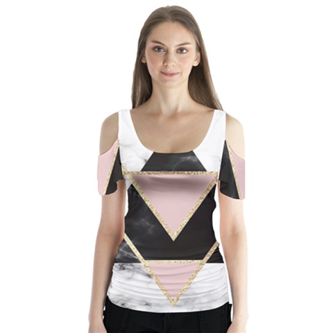 Triangles,gold,black,pink,marbles,collage,modern,trendy,cute,decorative, Butterfly Sleeve Cutout Tee  by NouveauDesign