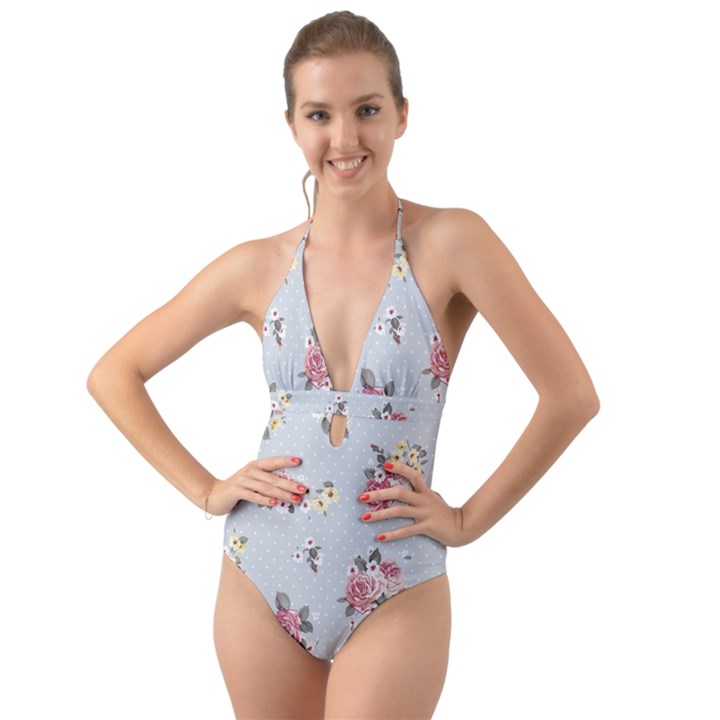 floral blue Halter Cut-Out One Piece Swimsuit