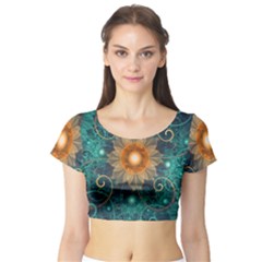 Beautiful Tangerine Orange And Teal Lotus Fractals Short Sleeve Crop Top by jayaprime