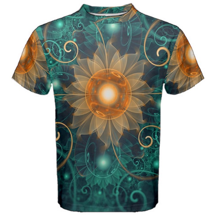 Beautiful Tangerine Orange and Teal Lotus Fractals Men s Cotton Tee