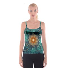 Beautiful Tangerine Orange And Teal Lotus Fractals Spaghetti Strap Top by jayaprime