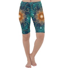 Beautiful Tangerine Orange And Teal Lotus Fractals Cropped Leggings  by jayaprime