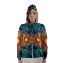 Beautiful Tangerine Orange And Teal Lotus Fractals Hooded Wind Breaker (women) by jayaprime