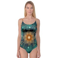 Beautiful Tangerine Orange And Teal Lotus Fractals Camisole Leotard  by jayaprime