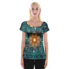 Beautiful Tangerine Orange And Teal Lotus Fractals Cap Sleeve Tops by jayaprime