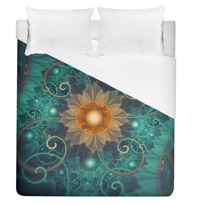 Beautiful Tangerine Orange and Teal Lotus Fractals Duvet Cover (Queen Size)