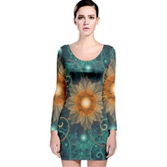 Beautiful Tangerine Orange And Teal Lotus Fractals Long Sleeve Velvet Bodycon Dress by jayaprime