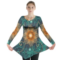 Beautiful Tangerine Orange And Teal Lotus Fractals Long Sleeve Tunic  by jayaprime