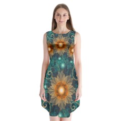 Beautiful Tangerine Orange And Teal Lotus Fractals Sleeveless Chiffon Dress   by jayaprime