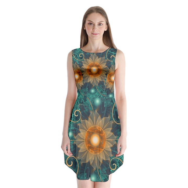 Beautiful Tangerine Orange and Teal Lotus Fractals Sleeveless Chiffon Dress  