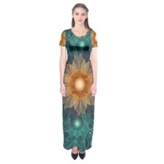 Beautiful Tangerine Orange And Teal Lotus Fractals Short Sleeve Maxi Dress by jayaprime