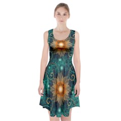 Beautiful Tangerine Orange And Teal Lotus Fractals Racerback Midi Dress by jayaprime