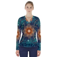 Beautiful Tangerine Orange And Teal Lotus Fractals V-neck Long Sleeve Top by jayaprime