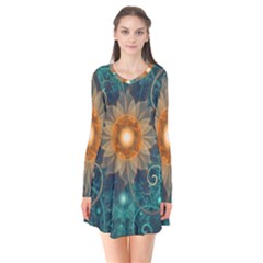 Beautiful Tangerine Orange And Teal Lotus Fractals Flare Dress by jayaprime