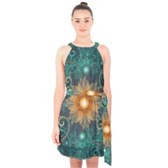 Beautiful Tangerine Orange And Teal Lotus Fractals Halter Collar Waist Tie Chiffon Dress