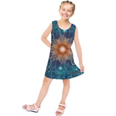 Beautiful Tangerine Orange And Teal Lotus Fractals Kids  Tunic Dress by jayaprime