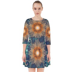 Beautiful Tangerine Orange And Teal Lotus Fractals Smock Dress