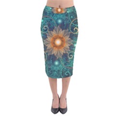 Beautiful Tangerine Orange And Teal Lotus Fractals Velvet Midi Pencil Skirt by jayaprime