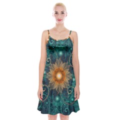 Beautiful Tangerine Orange And Teal Lotus Fractals Spaghetti Strap Velvet Dress by jayaprime