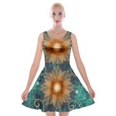 Beautiful Tangerine Orange And Teal Lotus Fractals Velvet Skater Dress by jayaprime