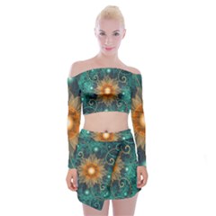 Beautiful Tangerine Orange And Teal Lotus Fractals Off Shoulder Top With Mini Skirt Set by jayaprime