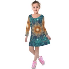 Beautiful Tangerine Orange And Teal Lotus Fractals Kids  Long Sleeve Velvet Dress by jayaprime