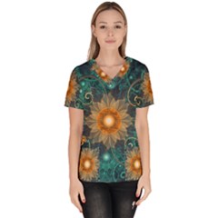 Beautiful Tangerine Orange And Teal Lotus Fractals Scrub Top by jayaprime