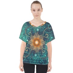 Beautiful Tangerine Orange And Teal Lotus Fractals V-neck Dolman Drape Top by jayaprime