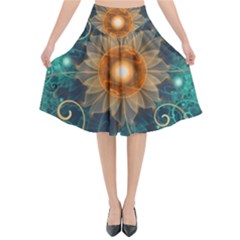 Beautiful Tangerine Orange And Teal Lotus Fractals Flared Midi Skirt by jayaprime