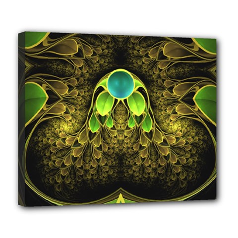 Beautiful Gold And Green Fractal Peacock Feathers Deluxe Canvas 24  X 20   by jayaprime