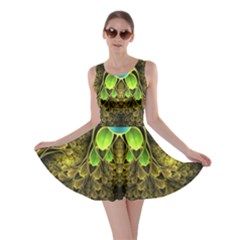 Beautiful Gold And Green Fractal Peacock Feathers Skater Dress by jayaprime