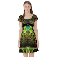 Beautiful Gold And Green Fractal Peacock Feathers Short Sleeve Skater Dress by jayaprime